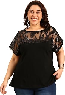 the PINK MOON Women's Plus Size Black Sheer Sequin Top - (TOP_SIM20_STRPSQN) Price In India