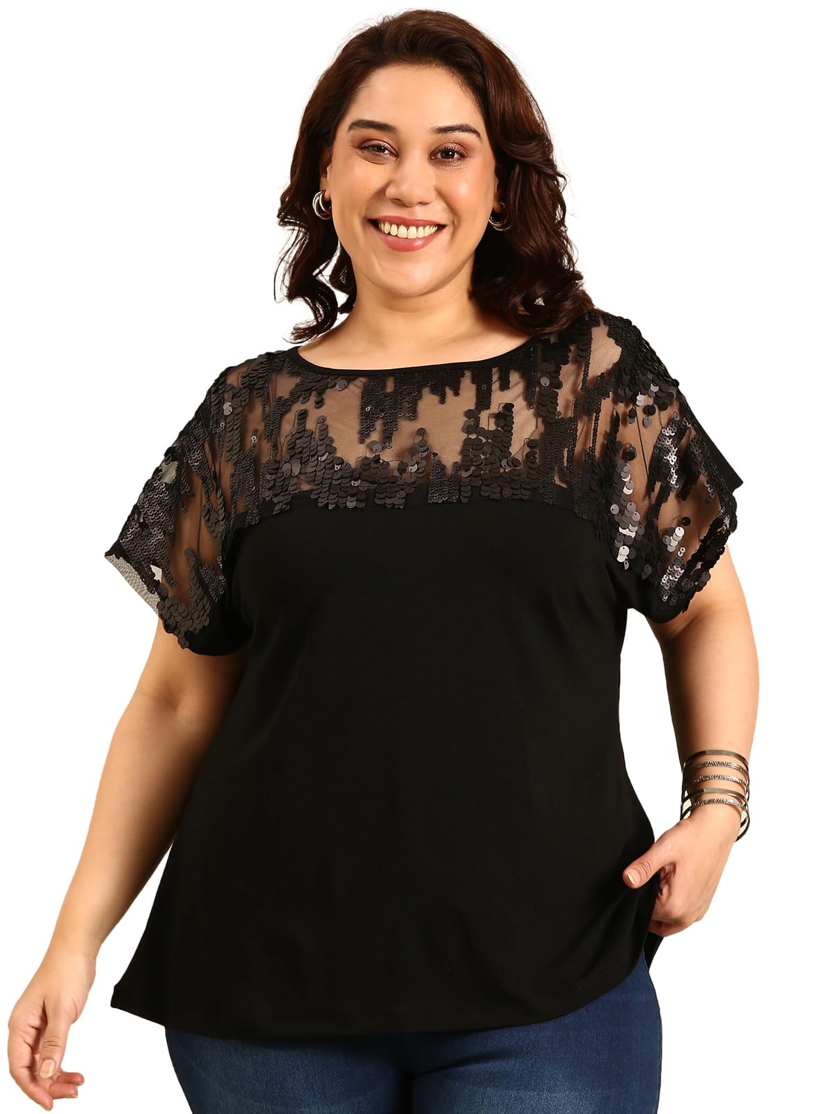 the pink moon Women's Plus Size Black Sheer Sequin Top - (TOP_SIM20_STRPSQN)-picture-21