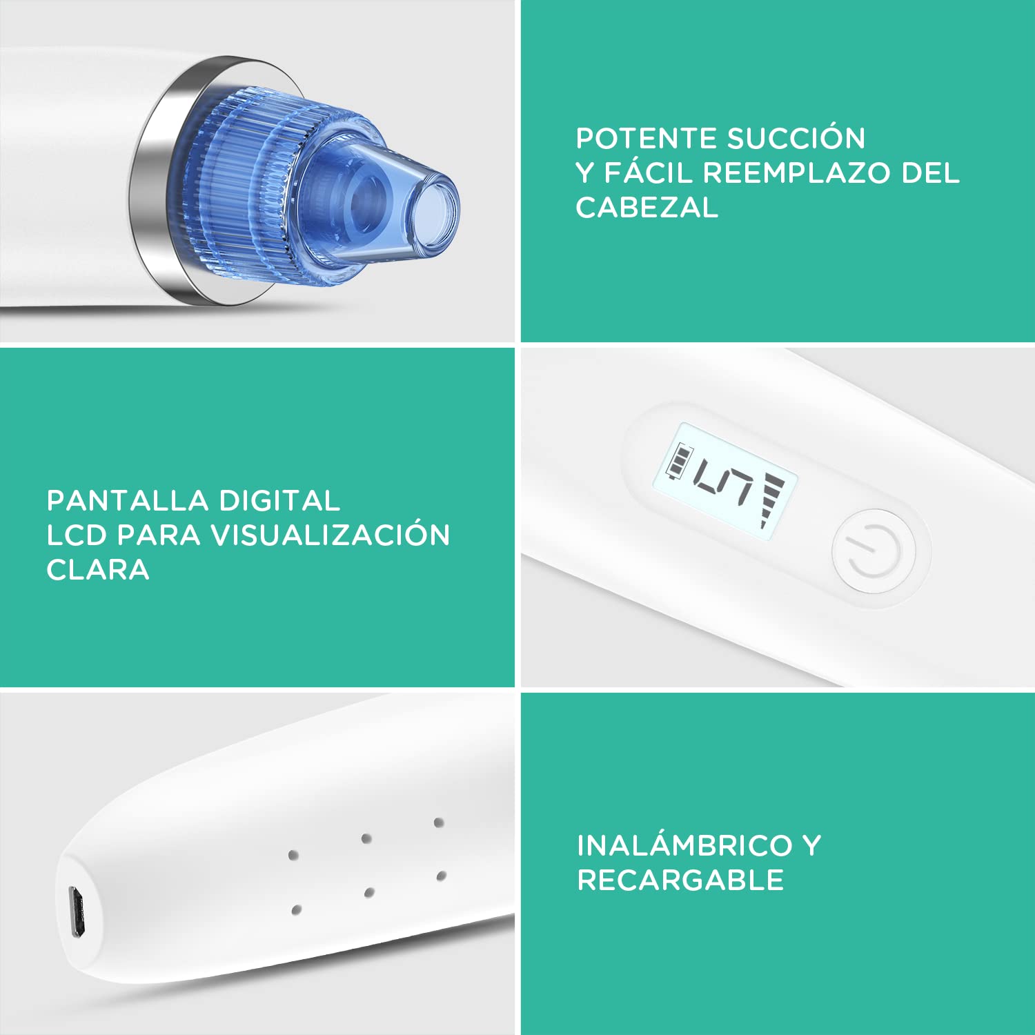 VOYOR Limpiador de Poros 6-en-1 Succionador de Puntos Negros Limpiador Facial Eléctrico con 6 Cabezales Extractor de Espinillas, Puntos Negros y Acné con Pantalla LCD BR510