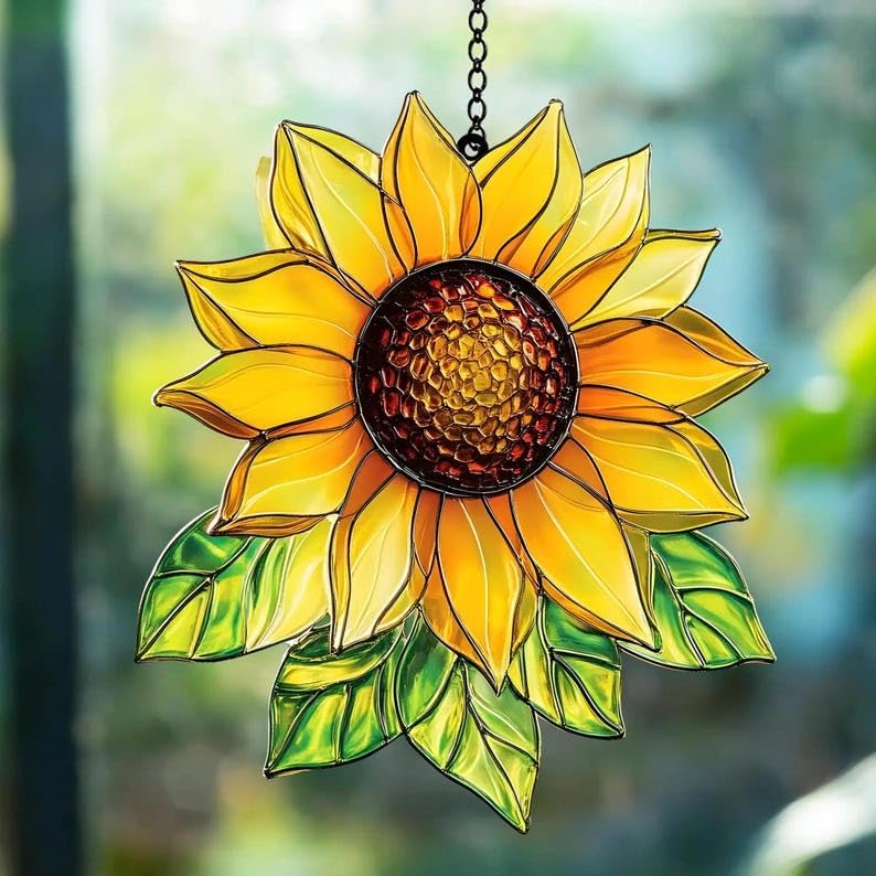 Sunflower Acrylic Suncatcher Hanging Christmas Ornament Stained Glass Effect Window Car Indoor Outdoor Decor Garden Sun Catcher Gifts Nature Lover Decorations for Women Mom Grandma