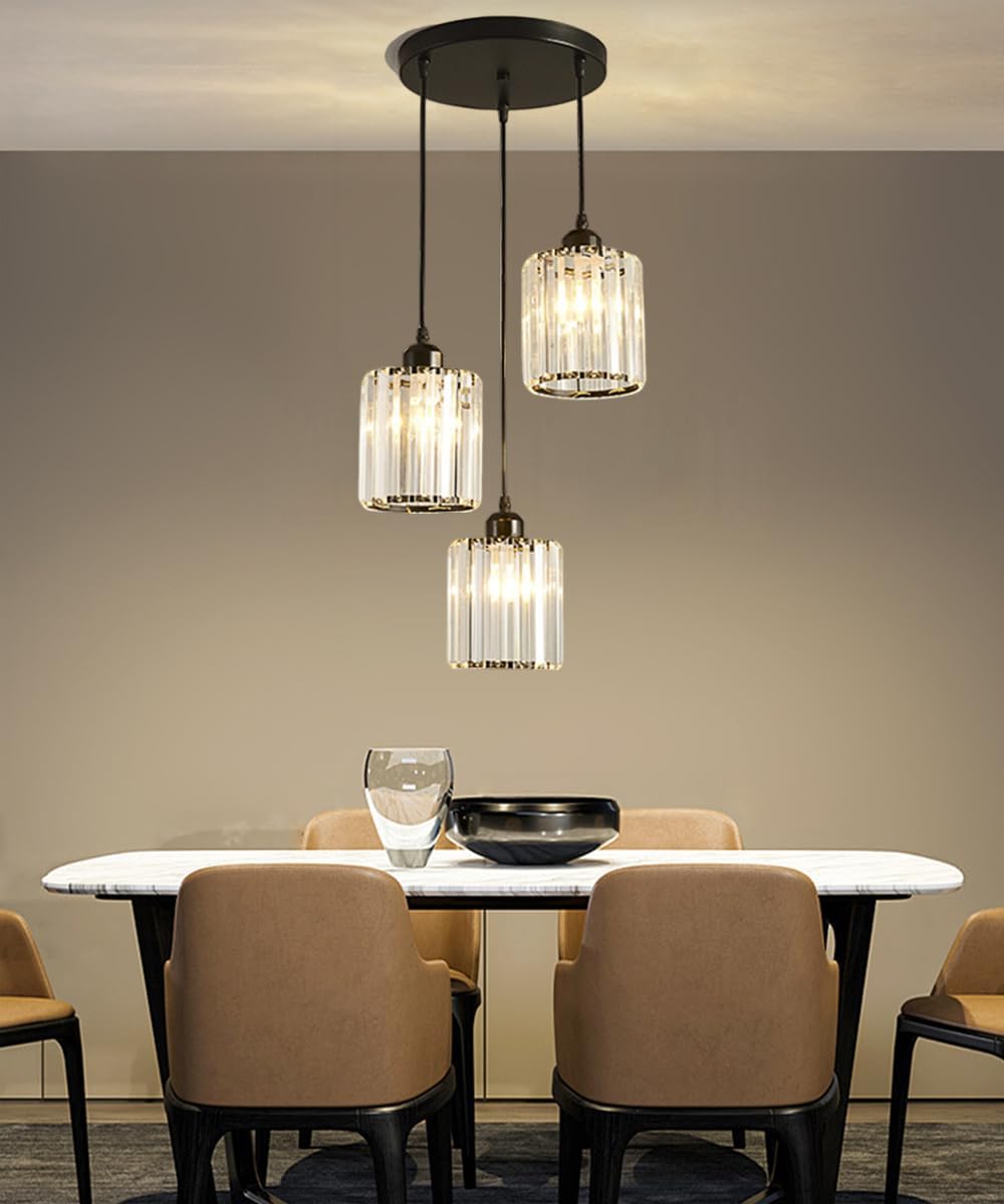 Crystal Pendant Lights Black 3 Light Cluster Ceiling,Modern Hanging Light Fixture for Kitchen Island,Adjustable Round Chandelier for Farmhouse,Dining Room,Foyer,Living Room with LED Bulb 3 lights