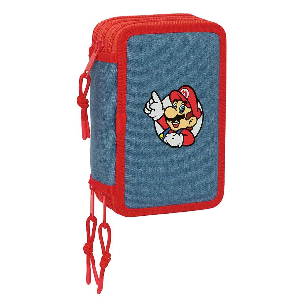 Safta Astuccio triplo Super Mario, 37 pezzi, astuccio scolastico con 3 scomparti e cerniere, include 16 matite colorate, dimensioni 12,5 x 5,5 x 19,5 cm, astuccio scolastico 3 scomparti