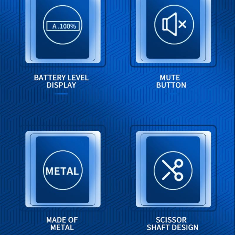 Icons representing battery level display, mute button, metal construction, and scissor shaft design