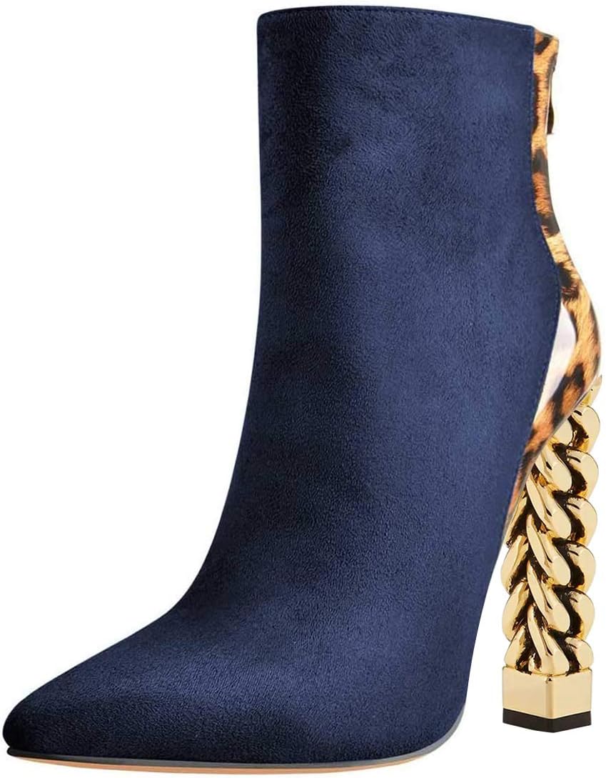 FSJ Women Trendy Pointed Toe Ankle Boot Block Chunky Gold High Heel Bootie Party Prom Shoes with Zipper Size 4-15 US