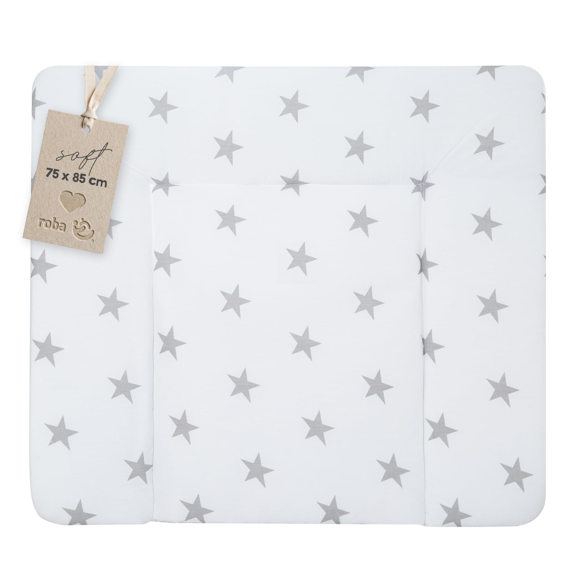 roba Matelas à Langer Nettoyable 85 x 75 cm Little Stars - Bords Rehaussés - pour Table à Langer - Sans Phtalate - Motif Étoiles Grises sur Fond Blanc