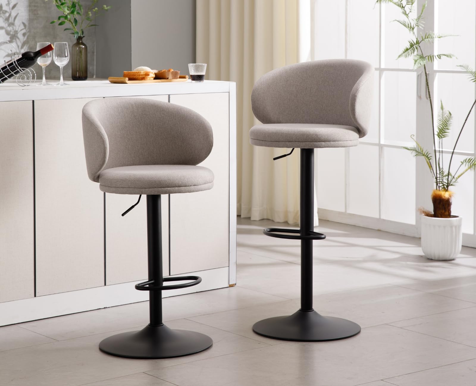chairus Set di 2 Sgabelli da Bar in Tessuto di Lino Sgabelli Alti Regolabili e Rirevoli Sgabelli Cucina con Schienale Sgabelli Moderni con Gambe in Metallo Sedie Alte per Bar/Cucina/Penisola, Grigio