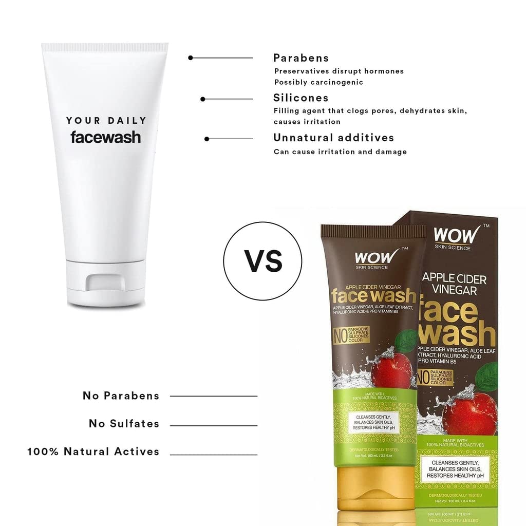WOW Skin Science Apple Cider Vinegar Face Wash Gel - Deep Pore Cleansing For Smooth Skin,Helps Remove Blackheads- Daily Cleaner & Moisturizer For Men,Women & Teens - 100ml,Clear