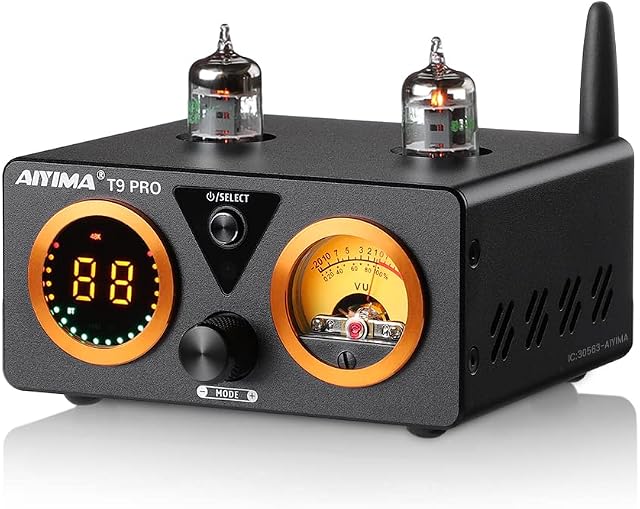 AIYIMA T9 PRO 200W Bluetooth Amplifier HiFi Digital Class D Amp 2.0/2.1 Channel Vacuum Tube Power Amp with VU Meter & Bass Treble Bluetooth 5.1 DAC Coaxial Optical PC-USB inputs