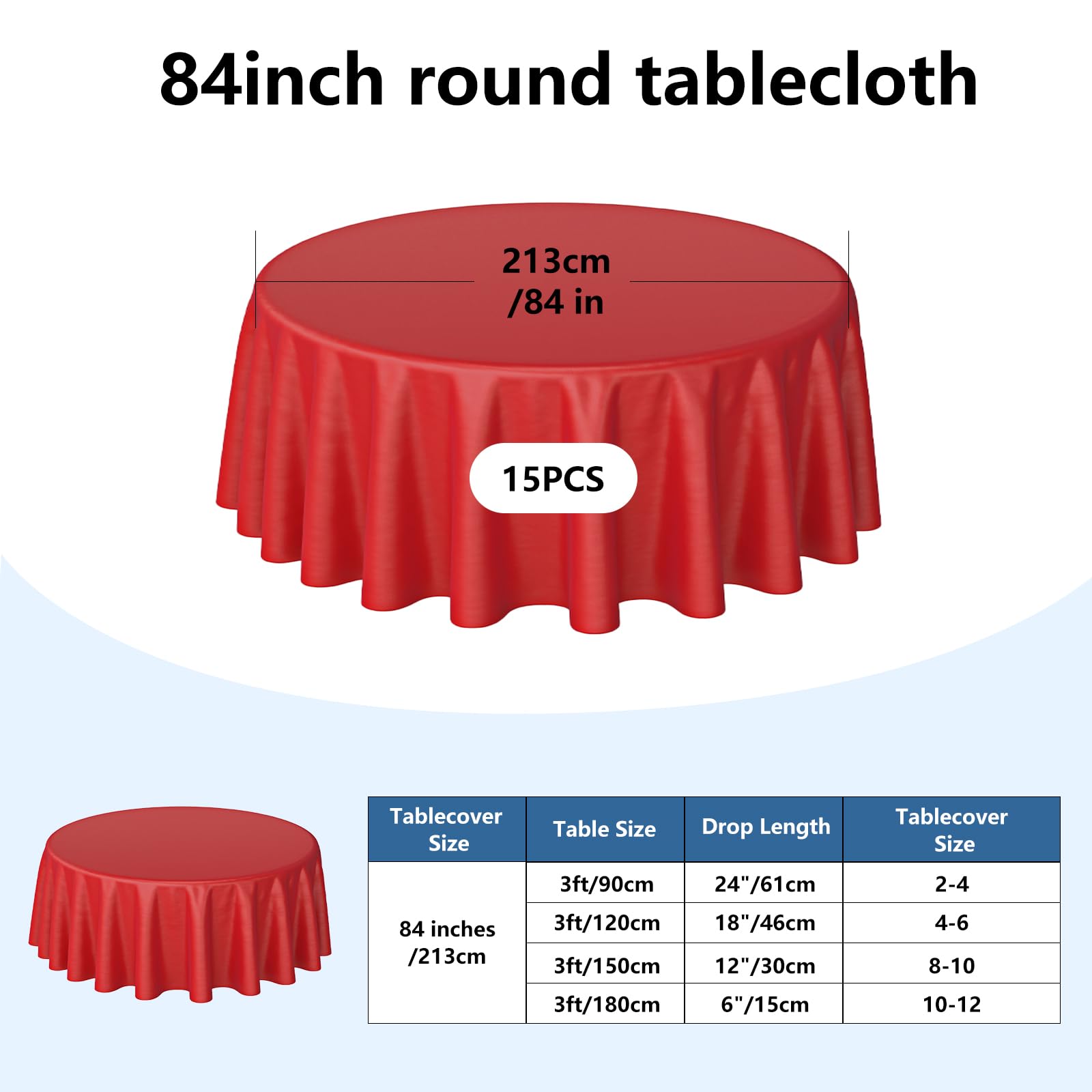 SHUESS Confezione da 15 tovaglie rotonde usa e getta da 213 cm, in plastica, rotonde, usa e getta, colore rosso, per tavoli circolari, matrimoni, banchetti, feste di compleanno