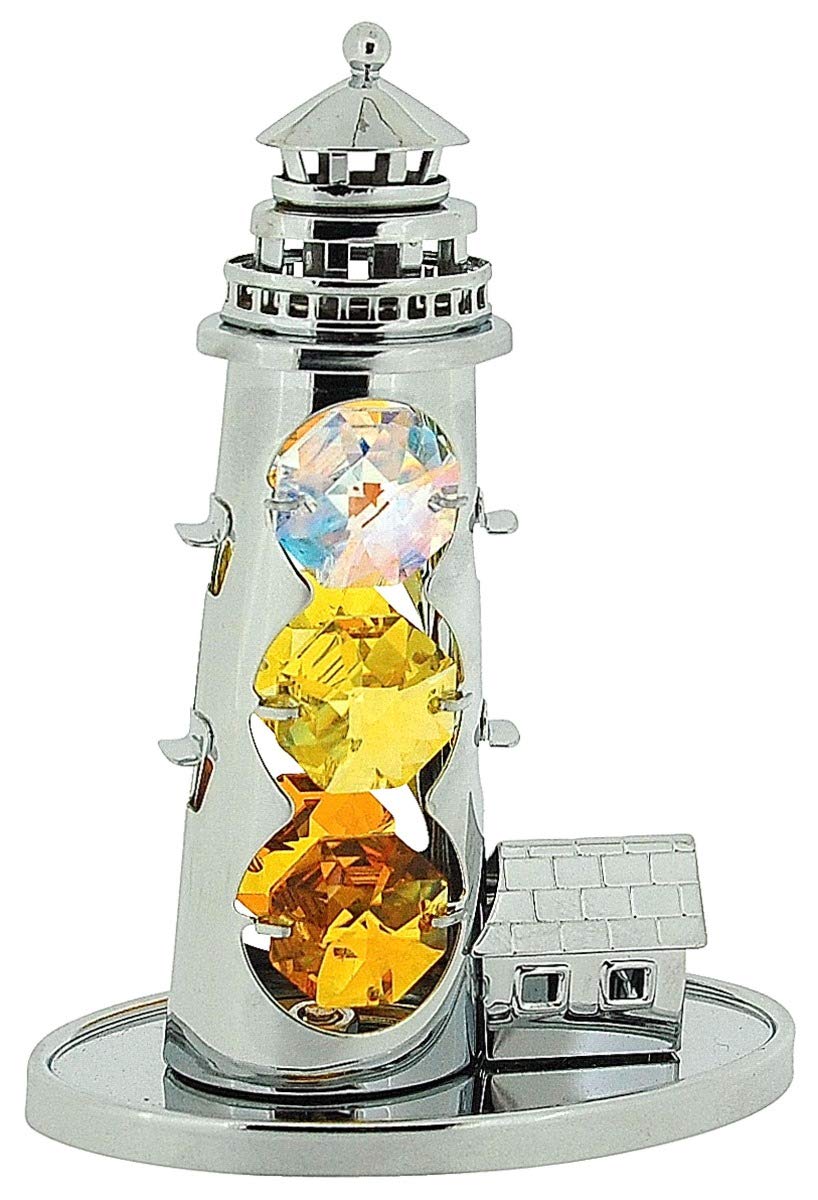 Crystocraft Free Standing Grand Lighthouse Ornament Chrome Plated Made With Swarovski Crystals