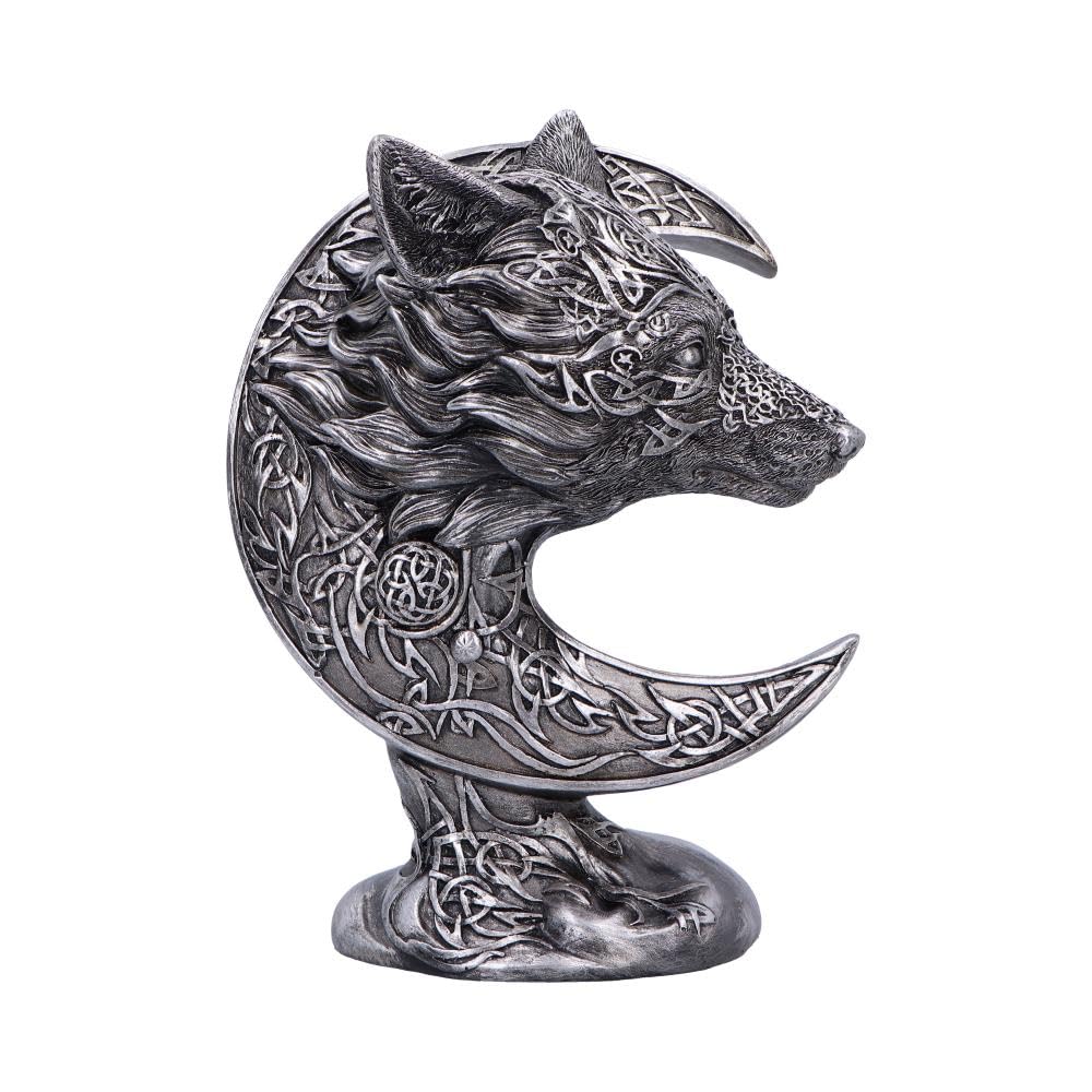 Nemesis Now Silver Celtic Crescent Art, Wolf In Moon With Intricate Knotwork, Mystical Celtic Symbolism Decor, Black Resin With Finish