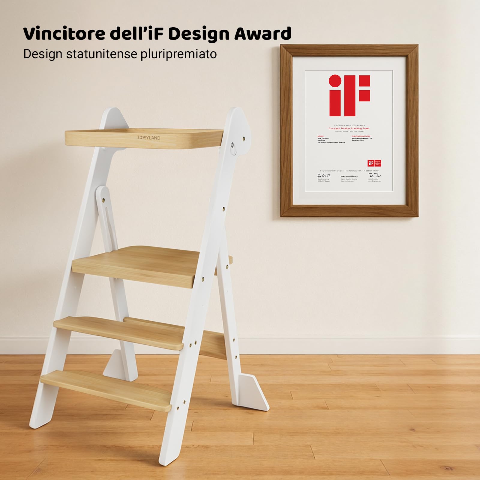 COSYLAND Torre Montessoriana Pieghevole Pre-Assemblata – Torretta Montessoriana Regolabile in Legno, Design Premiato IF, Sicura, Salvaspazio e Adatta ai Bambini 18M-6A (Bianco & Naturale)