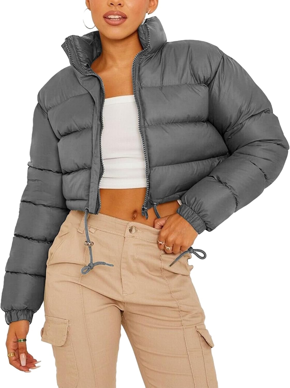 PEHMEA Women's Cropped Puffer Jacket Winter Warm Zip Up Stand Collar Short Down Bubble Coat with Pocket