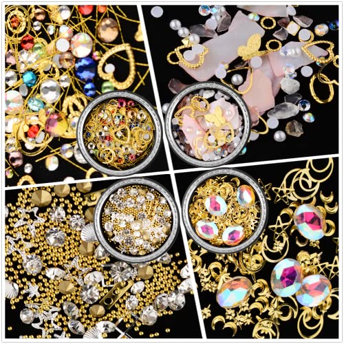 Umillars 12 Wheels Nail Art Decorations Rhinestones Gold Silver Studs Metal Rivets Hollow Moon Star Shaped Diamonds Gems Mixed Size Flat Back Colorful Crystal #TOP4