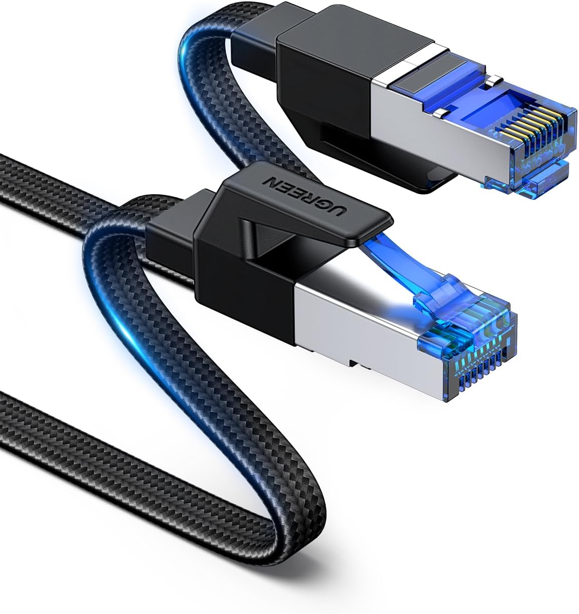 UGREEN Cat 8 Ethernet Cable 0.5m, 40Gbps 2000Mhz High Speed 26AWG RJ45 Shielded Braided Flat Network Cord Black Compatible with PC Gaming PS4 PS5 Xbox Modem Router