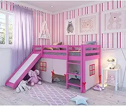 Cama Alta Kids com Escorregador e Tenda em Madeira Maciça/mdf Rosa