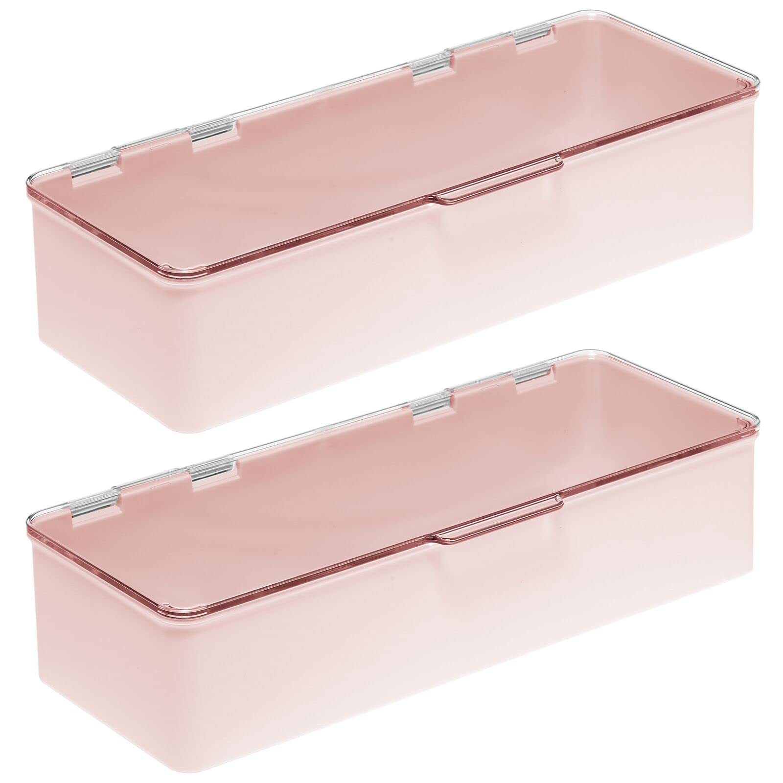 mDesign Long Plastic Cosmetic Storage Organizer Boxes with Hinged Lids, 2 Pack, Light Pink/Clear
