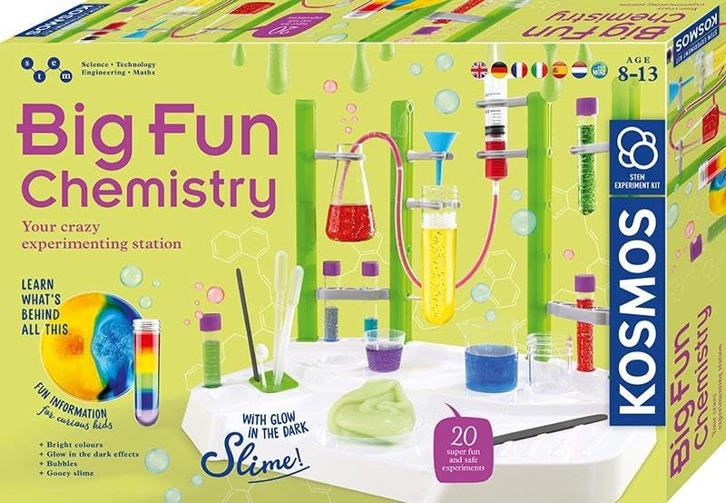 KOSMOS 617400 Big Fun Chemistry-La stazione chimica pazza, scatola per esperimenti, laboratorio per bambini dai 8 anni in su, muco glibbrico, liquidi blubberanti, istruzioni multilingue