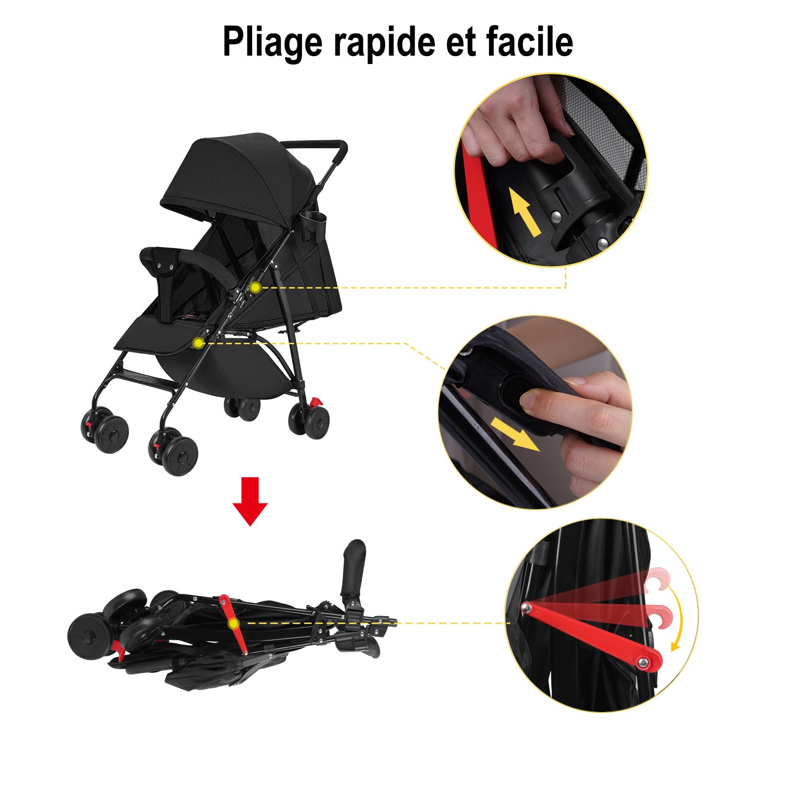 Pousstte Bébé Poussette Canne Poussette Compacte Poussette Pliable et Inclinable Roues Maniables et Légères Dossier Réglable Matériau Anti-UV Avec pochette de rangement Cadeau pour bébé, Noir