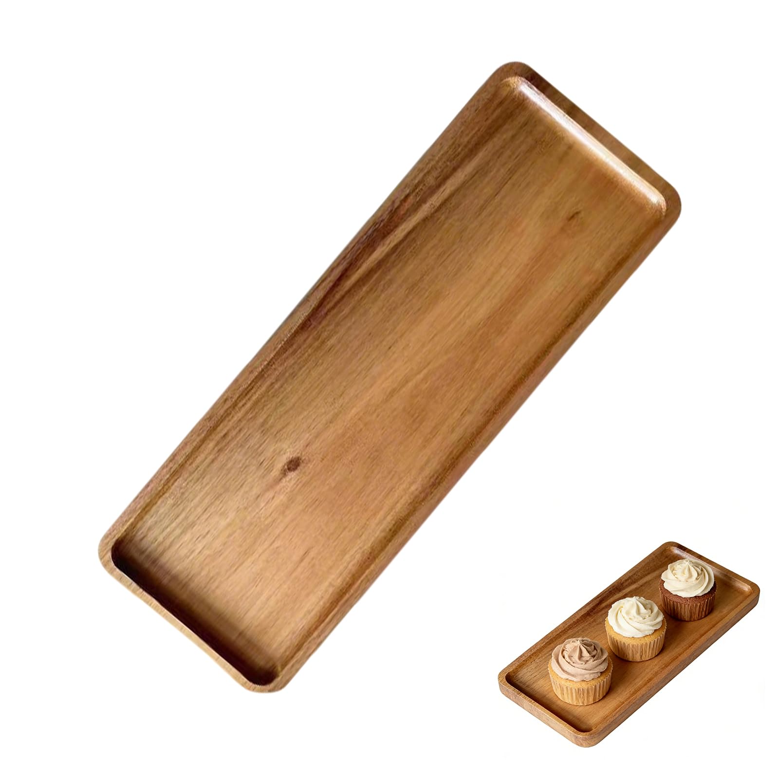Wooden Serving Tray, 29 x10.5 x1.5CM Wooden Serving Platter, Small Wood Tray with Raised Edge for Food Service, Acacia Wood Trays for Snack Breakfast Sushi Coffee Tea Appetizer