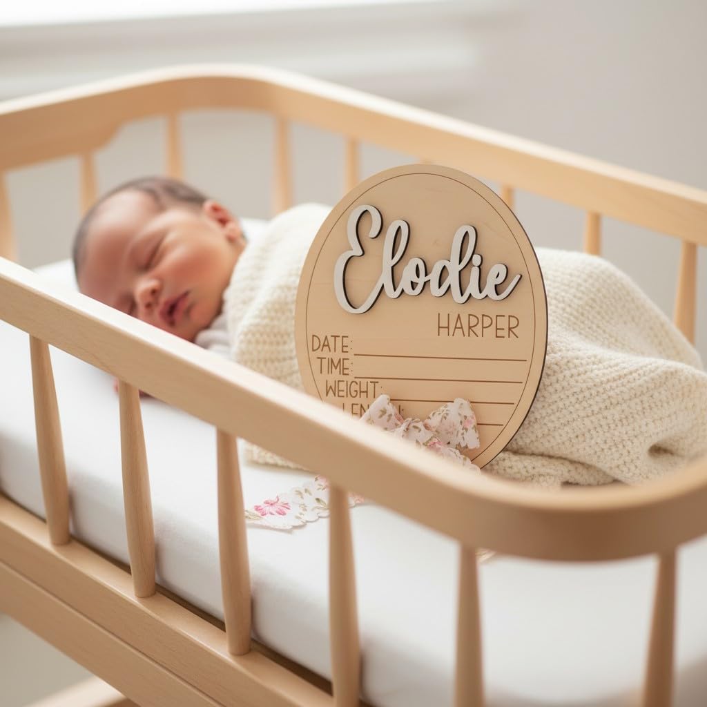 Personalized Baby Name & Birth Stats Sign Bundle, Wooden 3D Name Announcement Set with with white floral fabric Bow, 5.5x7 Inch (Bundle - Name + Stat Sign)