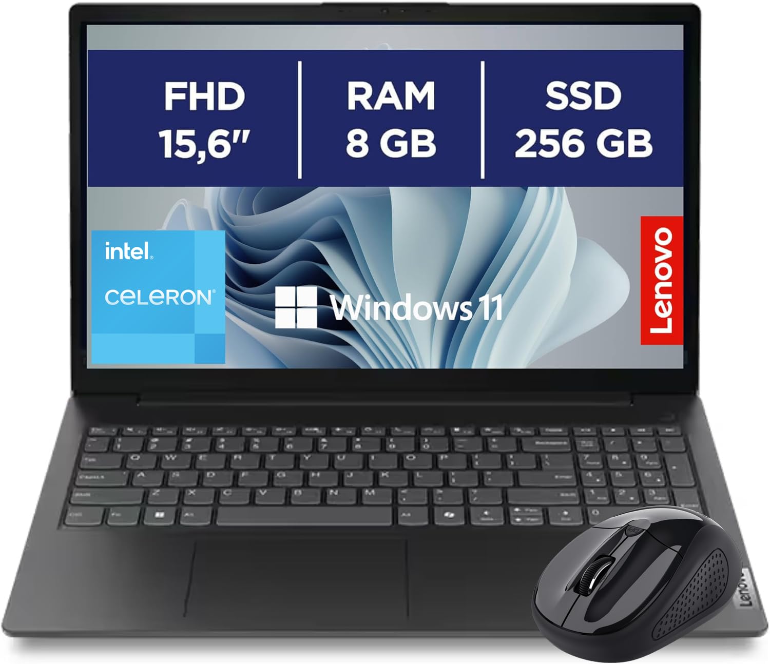 Lenovo Notebook V15, Notebook 15,6" FHD, Intel N4500, RAM 8GB DDR4, 256GB SSD M.2 NVMe, Grafica Integrata, WiFi 6 - Windows 11 Pro con mouse wireless