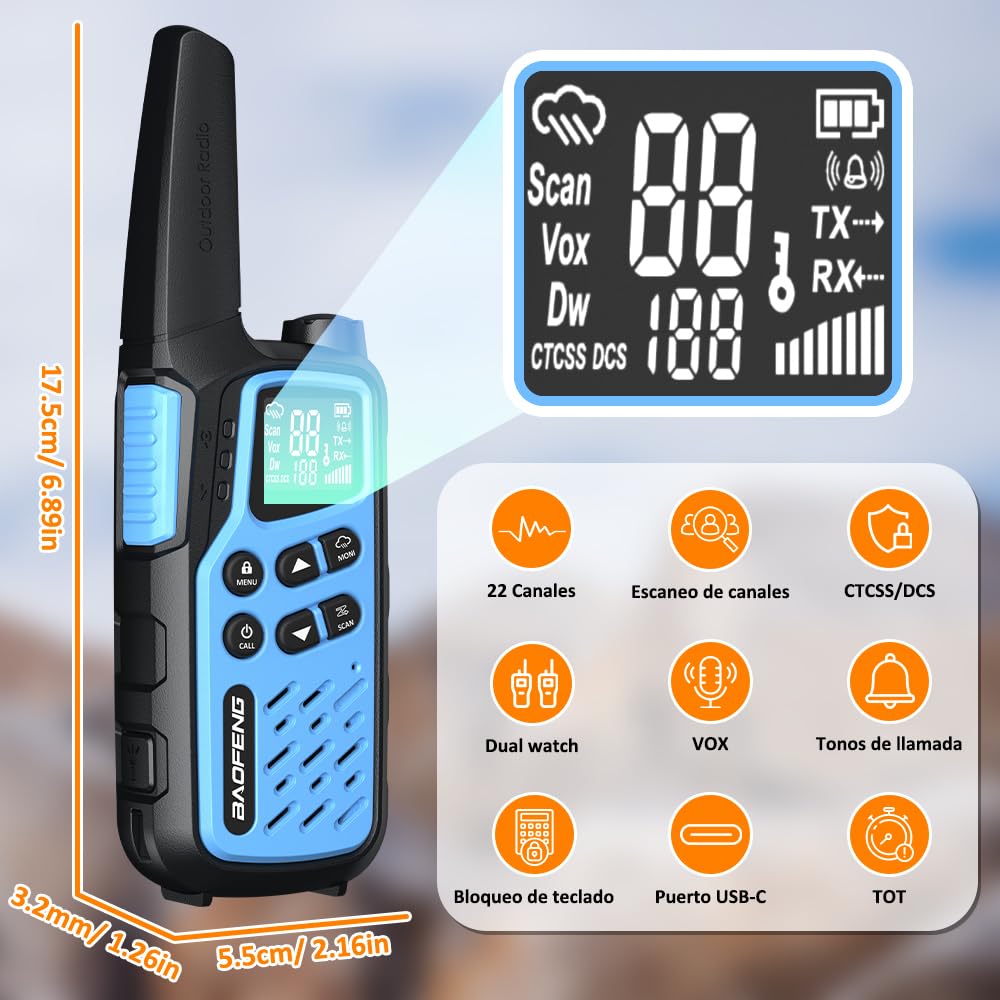 BAOFENG Walkie Talkies PMR446 sin Licencia 16 Canales CTCSS/DCS Dual Watch VOX Radiocomunicación con Batería de 1400mAh para Adultos y Niños - T25 (2 uds.)