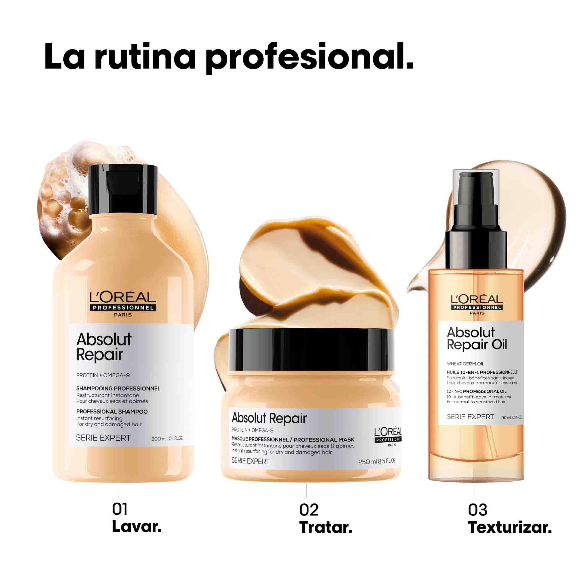 L'Oréal Professionnel Absolut Repair Pack Champú, Acondicionador y Aceite Serie Expert, Reparación para Cabello Seco y Dañado, con Proteína y Omega-9, 3 Unidades