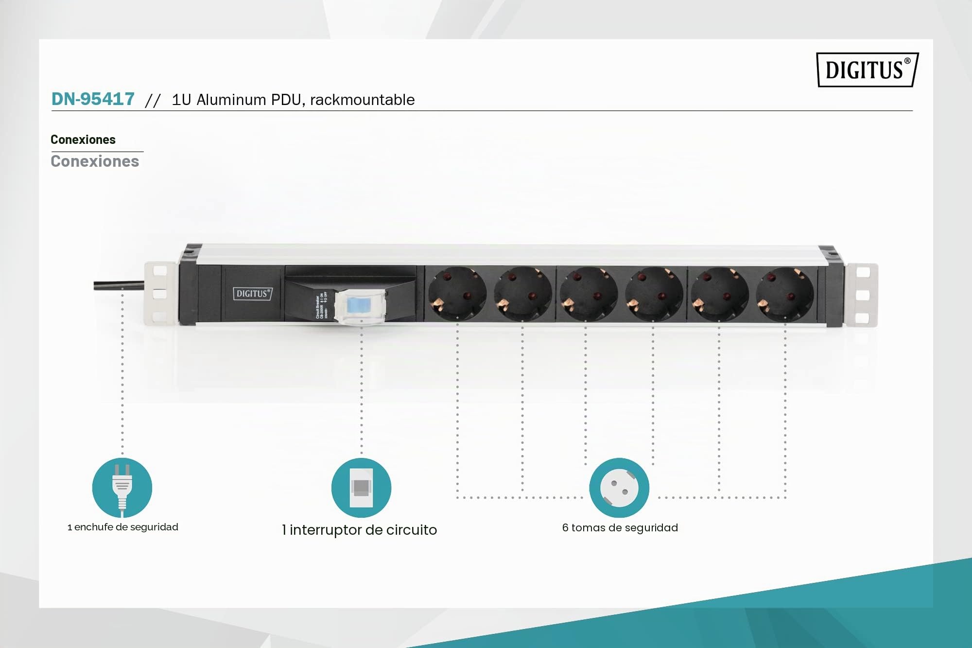 DIGITUS Regleta de 19" - 6 tomas - 1U - 250VAC - 50/60Hz - 16A - 4000W - Con interruptor de protección de línea