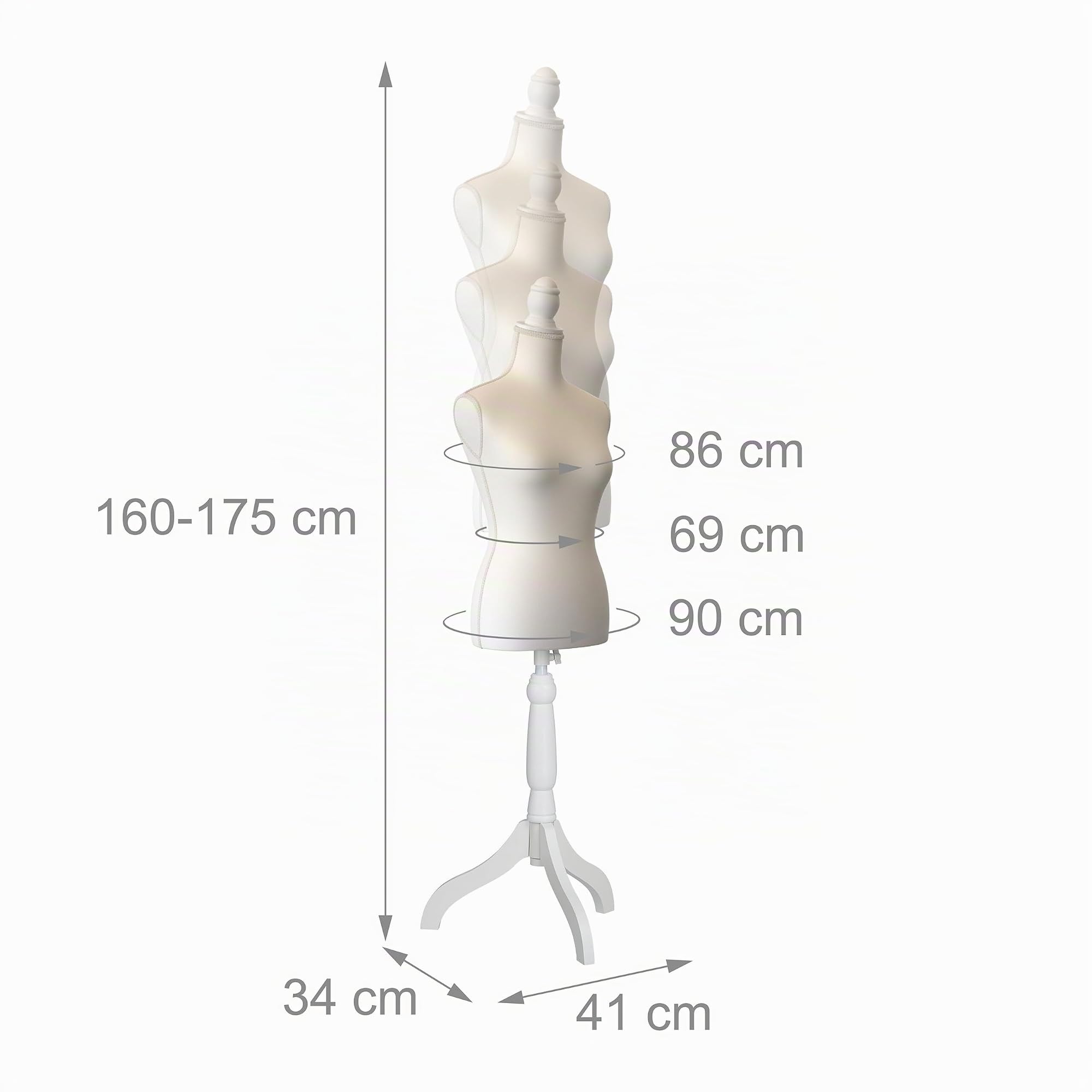 Relaxdays Schneiderpuppe, weiblich, Größe 36/38, höhenverstellbar 160–175 cm, mit Holzständer, Schaufensterpuppe, weiß