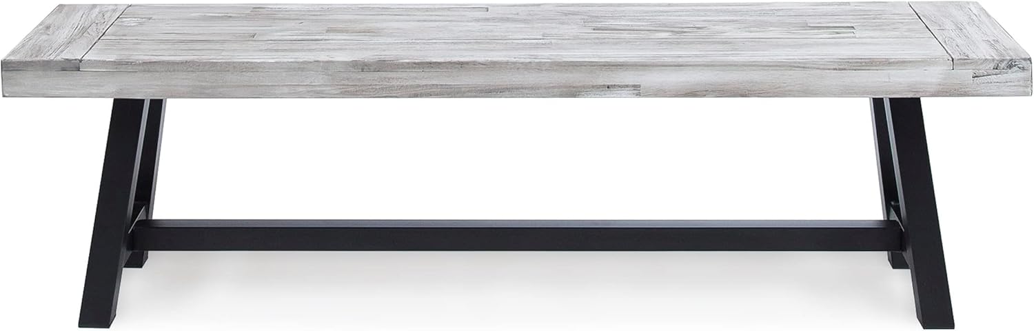 Light Grey Sandblast Finish Acacia Wood Dining Bench with Black Rustic Metal Finish Frame