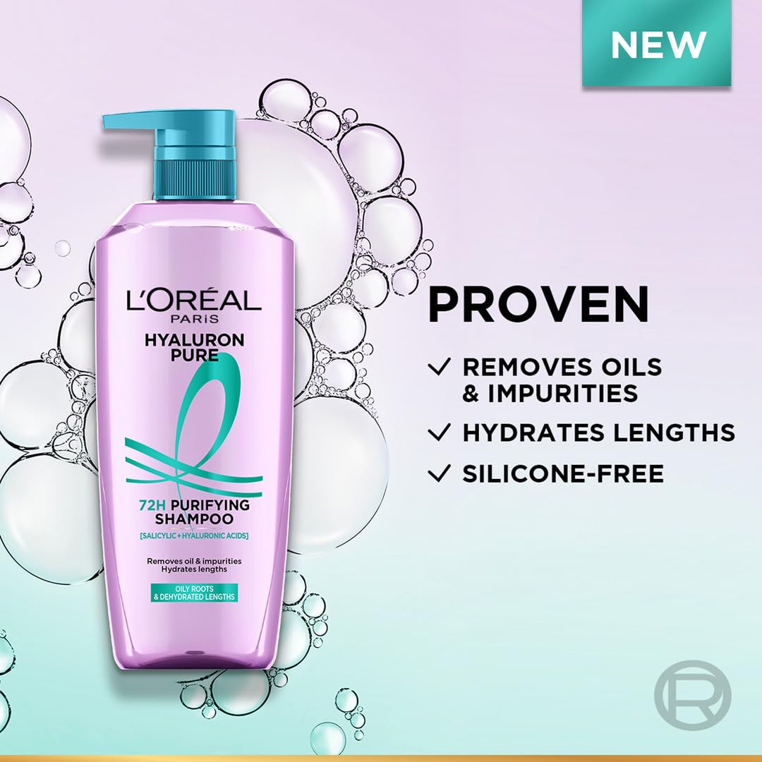 L'Oréal Paris Hyaluron Pure 72H प्यूरिफाइंग शैम्पू, तैलीय स्कैल्प और सूखे बालों के लिए सैलिसिलिक और हाइलूरोनिक एसिड के साथ, 800 ml image 2