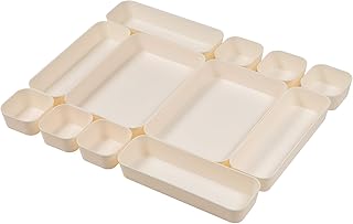 Set Of 12 Beige Color Plastic Desk Drawer Organizers For Makeup Bathroom Office Kitchen Vanity Drawer Storage Box Container