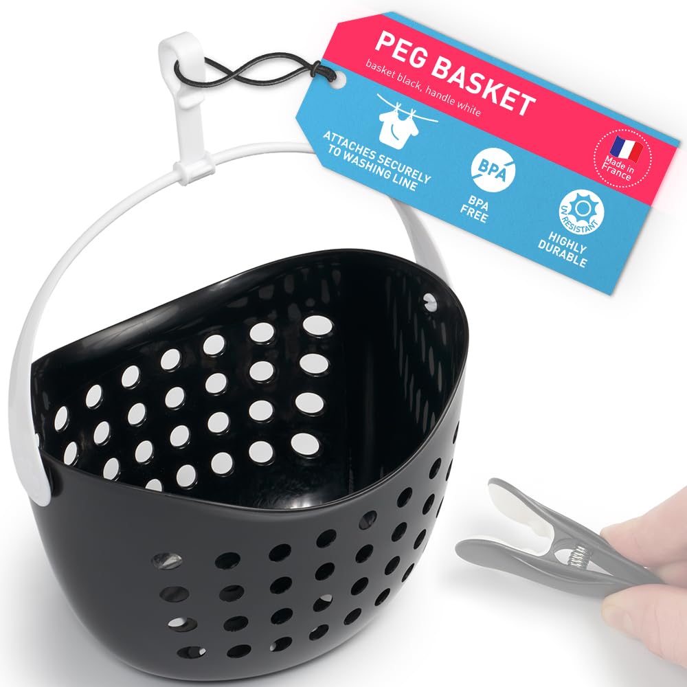 culicleanculiclean Peg Basket for Clothes Pegs for Washing Line/Laundry Pegs 1 Basket black with white Handle, with Hanger, Alternative to Peg Bag