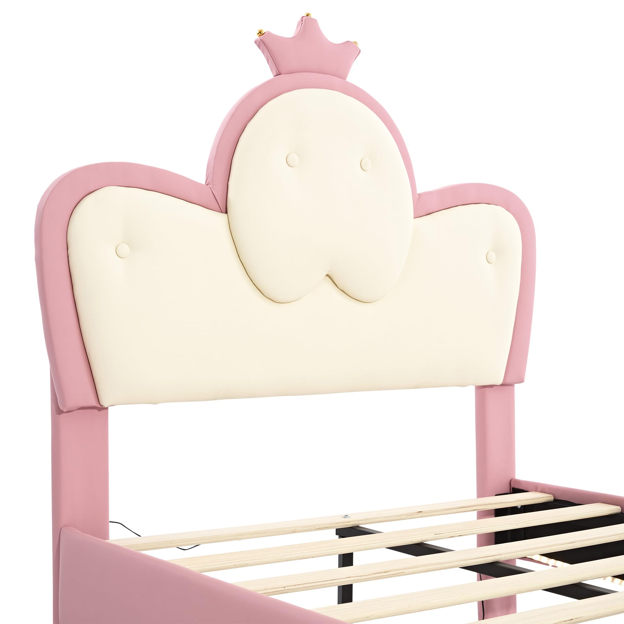 Merax Kinderbett Polsterbett 90x200cm mit LED-Streifen, Mädchen Einzelbett, Kopfteil in Wellenform mit Krone, Bettgestell mit Lattenrost und Fußteil, Jugendbett, PU, ohne Matratze, Rosa & Weiß