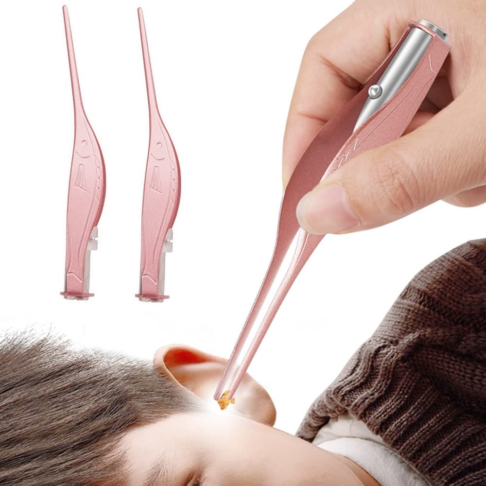 2 Pcs Stainless Steel Ear Wax Removal LED Light Ear Picking Tweezer Cleaner Ear Care Wax Spoon Digger