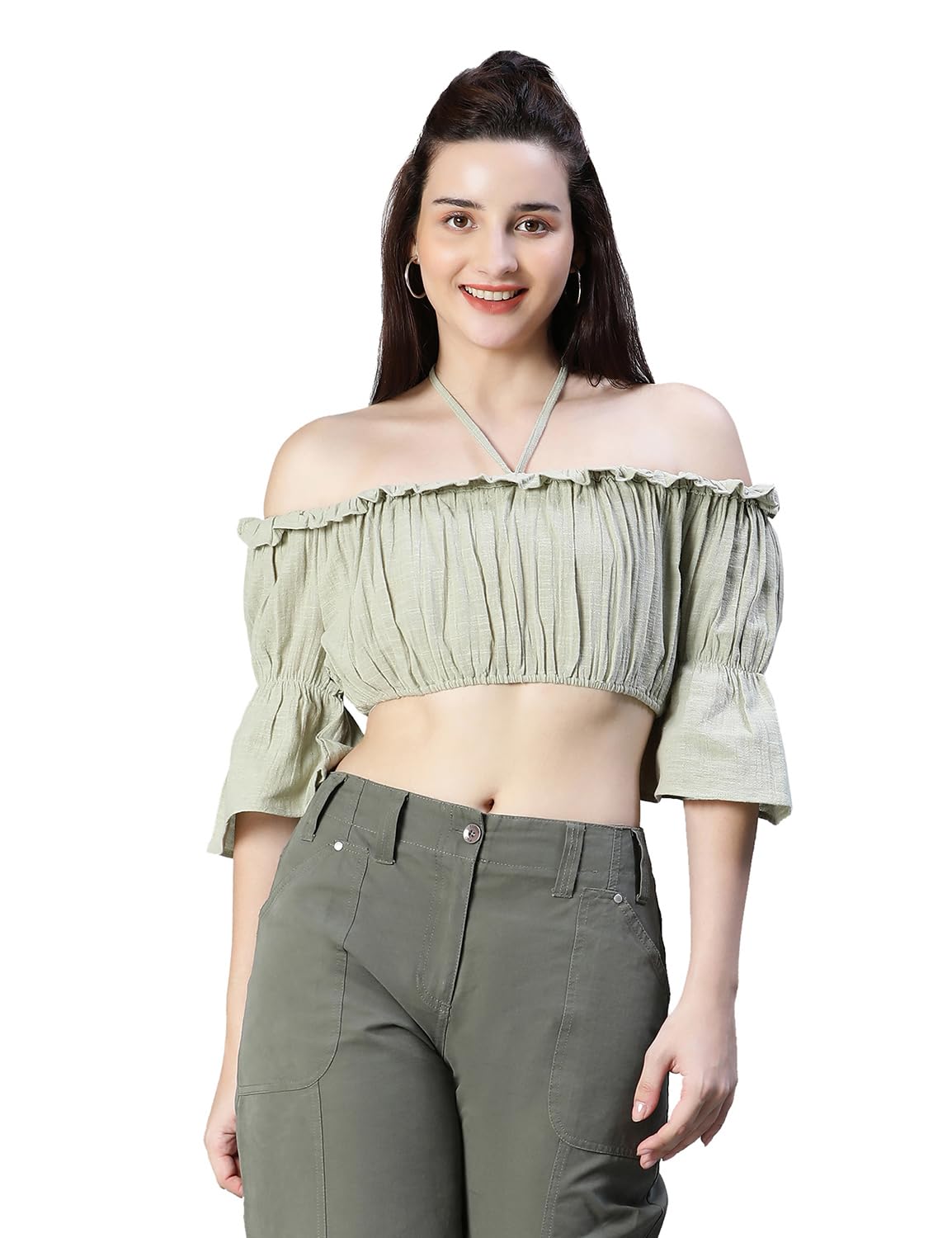 oxolloxo Women Floral Print Ruffle Off-Shoulder Halter Crop Lace Top-picture-25