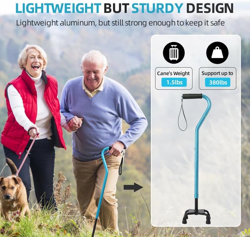 BeneCane Quad Cane Adjustable Walking Cane with Offset Soft Cushioned Handle for Men & Women Lightweight Comfortable with 4-Pronged feet for Extra Stability