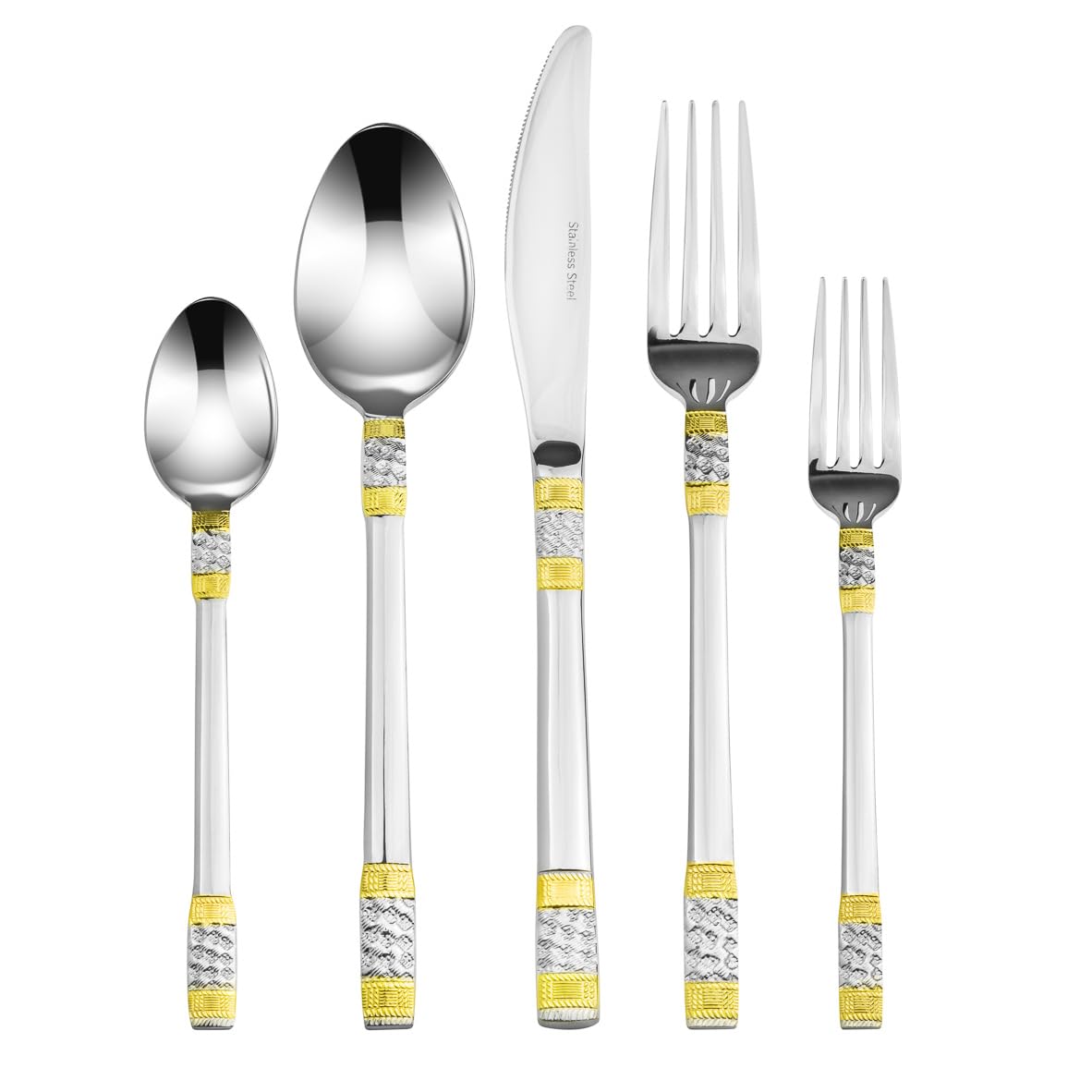 Joseph Sedgh Collection Italia “Amalfi” 20 Piece Premium Flatware Serving Set, Service for 4, Double Mirror Polished 3mm 18/10 Stainless Steel with 24K Gold Accents