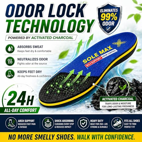 Image of SOLEMAX Charcoal Orthotic Insoles for Men Women - Plantar Fasciitis Arch Support, Heavy Duty 250+ lbs, Odor & Sweat Control Shoe Inserts, Activated Charcoal Technology, Shock Absorbing Cushioning