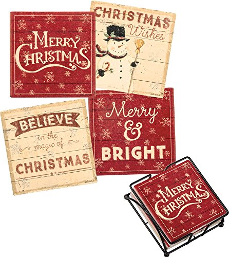 Primitives By Kathy 4 Inches Square Believe Stone Coaster Set Home Decor, 1.75 In H X 4.5 In W X 4.5 In D