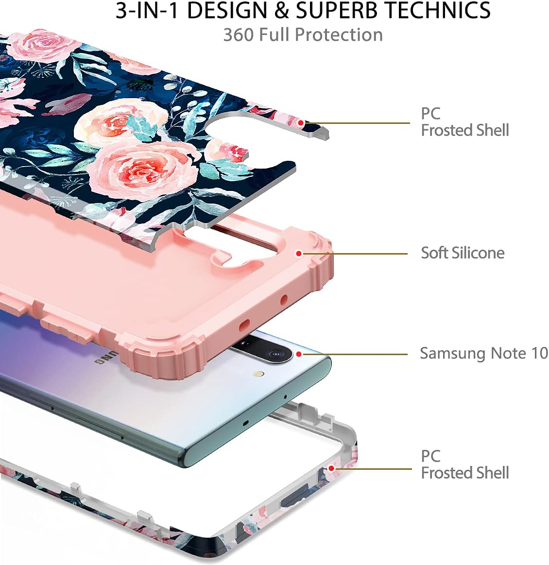 Hekodonk for Note 10 Case Floral Heavy Duty Shockproof Protection Hard Plastic+Silicone Rubber Hybrid Protective Case for Samsung Galaxy Note 10 Navy Blue