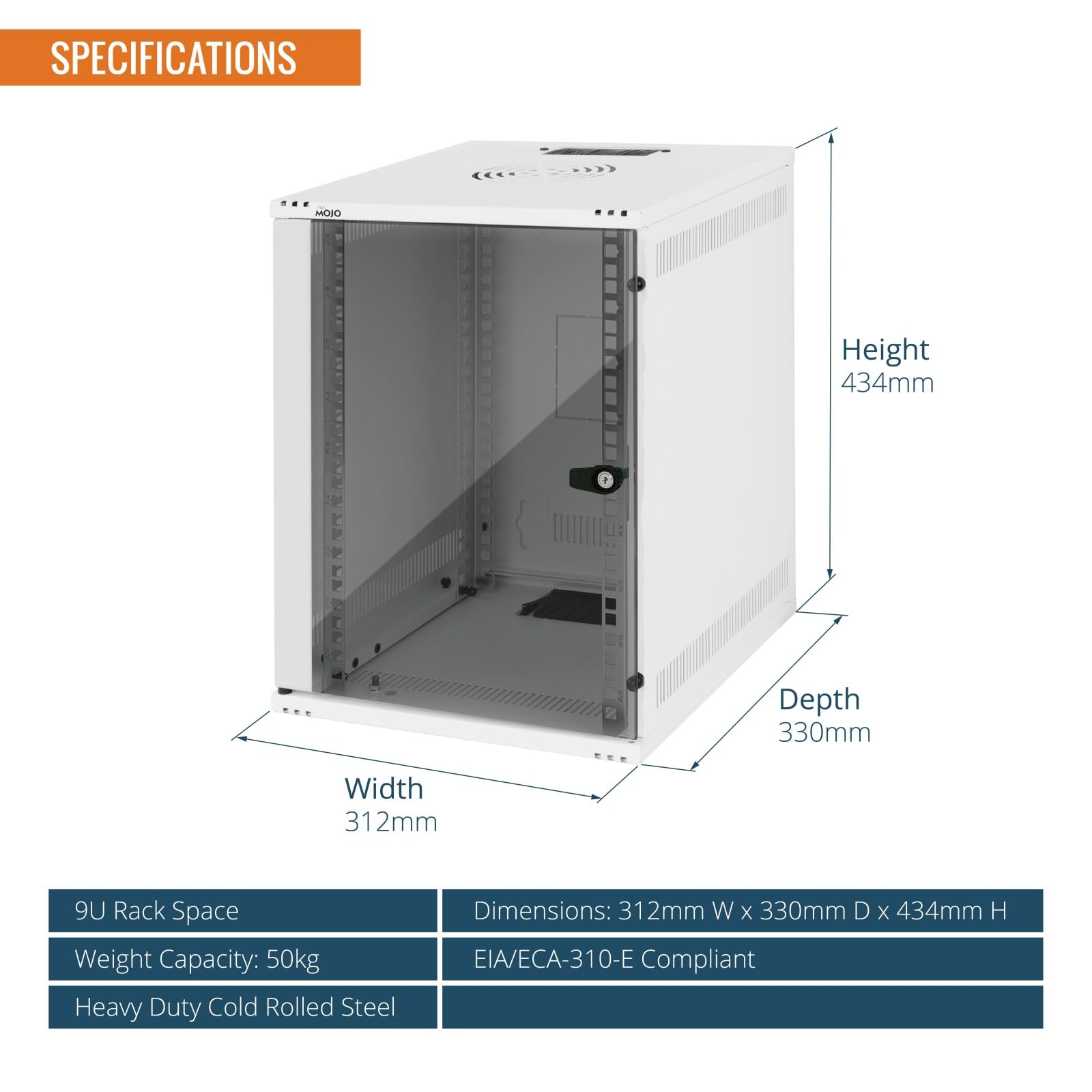 Tecmojo 10 Pulgadas 9U Gabinete de Red, 330mm de Profundidad, con Estante para Rack, Paneles de Cepillos, Organizador de Cables, 50kg, Puerta de Cristal, Blanco