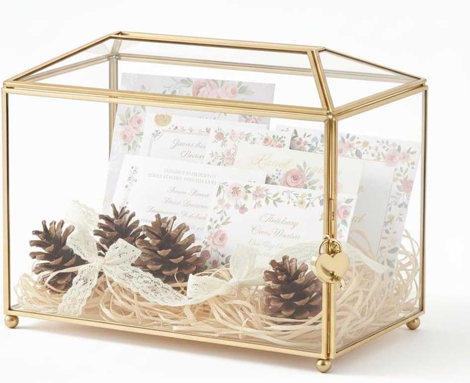 FOCHIER F Heart Small Glass Cards Box with Slot Lock for Wedding Reception,Birthdays Party Card Holder, Home Geometric Decorative Gift,Baby Shower,Clear Gold Plant Terrarium with Key (Box Only)