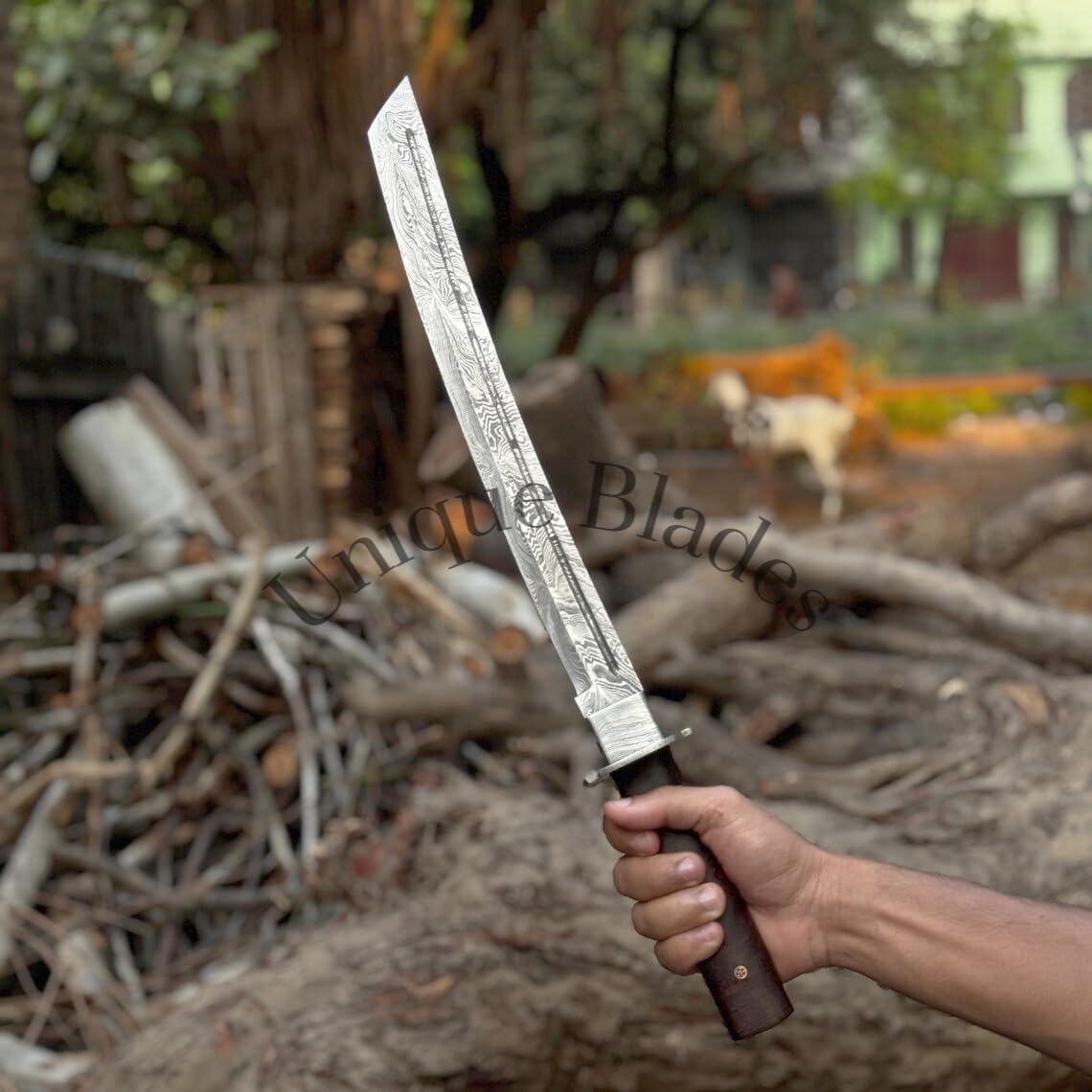 Jagdmesser Im Katana-stil Aus Damaszenerstahl, 20 Zoll Lange Klinge Mit Durchgehendem Erl Und Blutrinne, Holzgriff, Lederscheide, Camping- Und Überlebensmesser