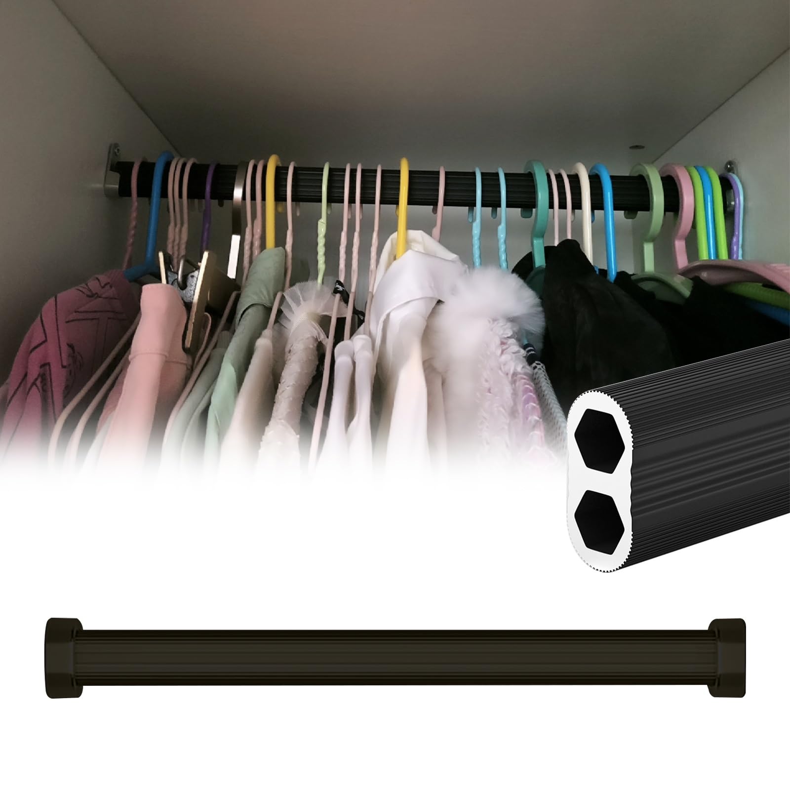 Barre de penderie en métal noir 61 cm découpable avec accessoires
