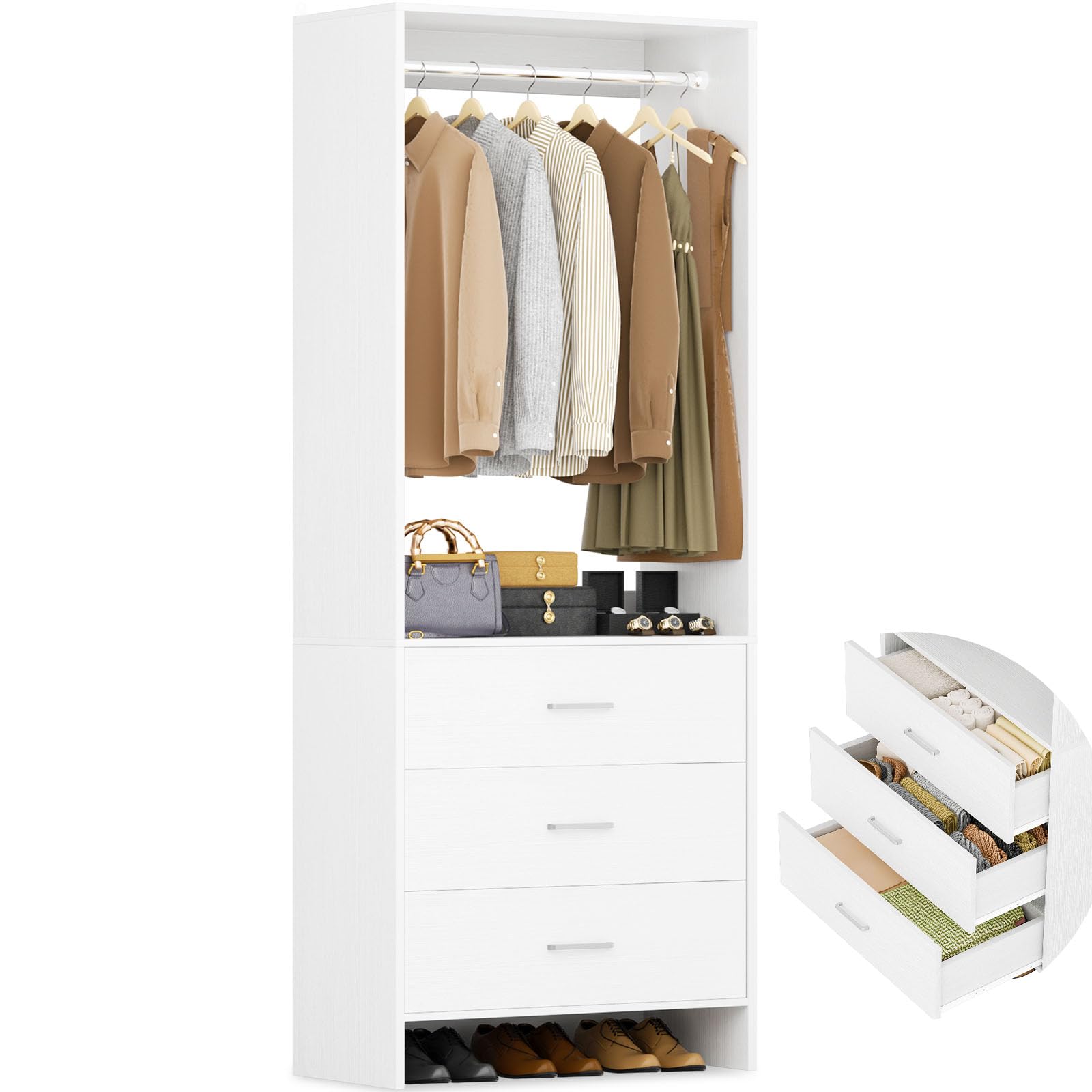 aheaplus 2ft closet system with 3 drawers, 24’’ closet organizer, wood closet organizer system, walk-in closet or small closets wardrobe, clothes rack with hanging rods,-f1, white