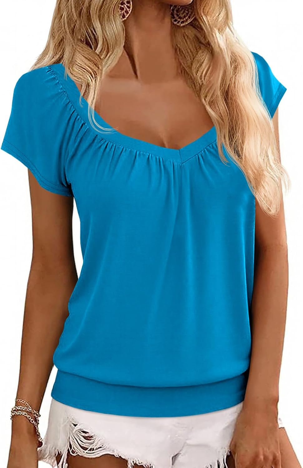 Hongqizo Womens V Neck T Shirts Cap Sleeve Summer Casual Shirts Banded-Bottom Loose Fit Basic Tops