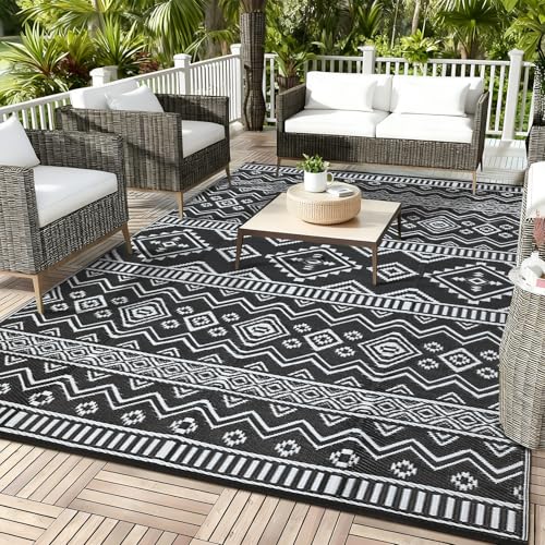MilleLoom Boho 10x20 Waterproof Outdoor Rug, Reversible Plastic Straw Mat, Tribal Geometric Washable RV Camping Carpet, Foldable UV Resistant Deck Rug for Picnic Backyard Balcony Porch Patio, Black