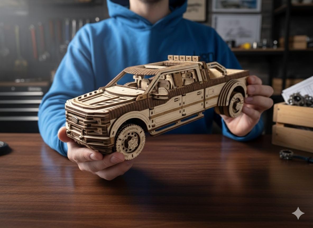 Wood Trick Pickup Truck SUV Car Wooden 3D Puzzles for Adults to Build - Rides up to 32 feet - Engineering DIY Mechanical Wood Model Kits Wooden Puzzles for Adults